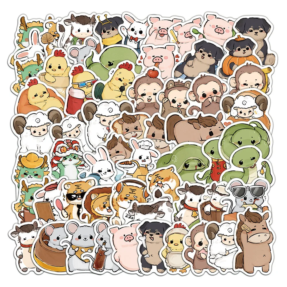 60PCS Creative Chinese Zodiac Stickers Cartoon Hand drawn Decoration Luggage Phone Case iPad Water Cup Hand Account DIY Stickers
