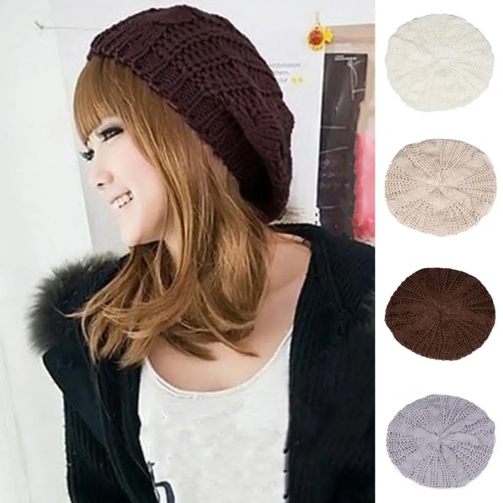 

Women Hat Knitted Bonnet Solid Color Elastic Twisted Texture Keep Warm Beret Photo Prop Cap for Outdoor Travel Cycling