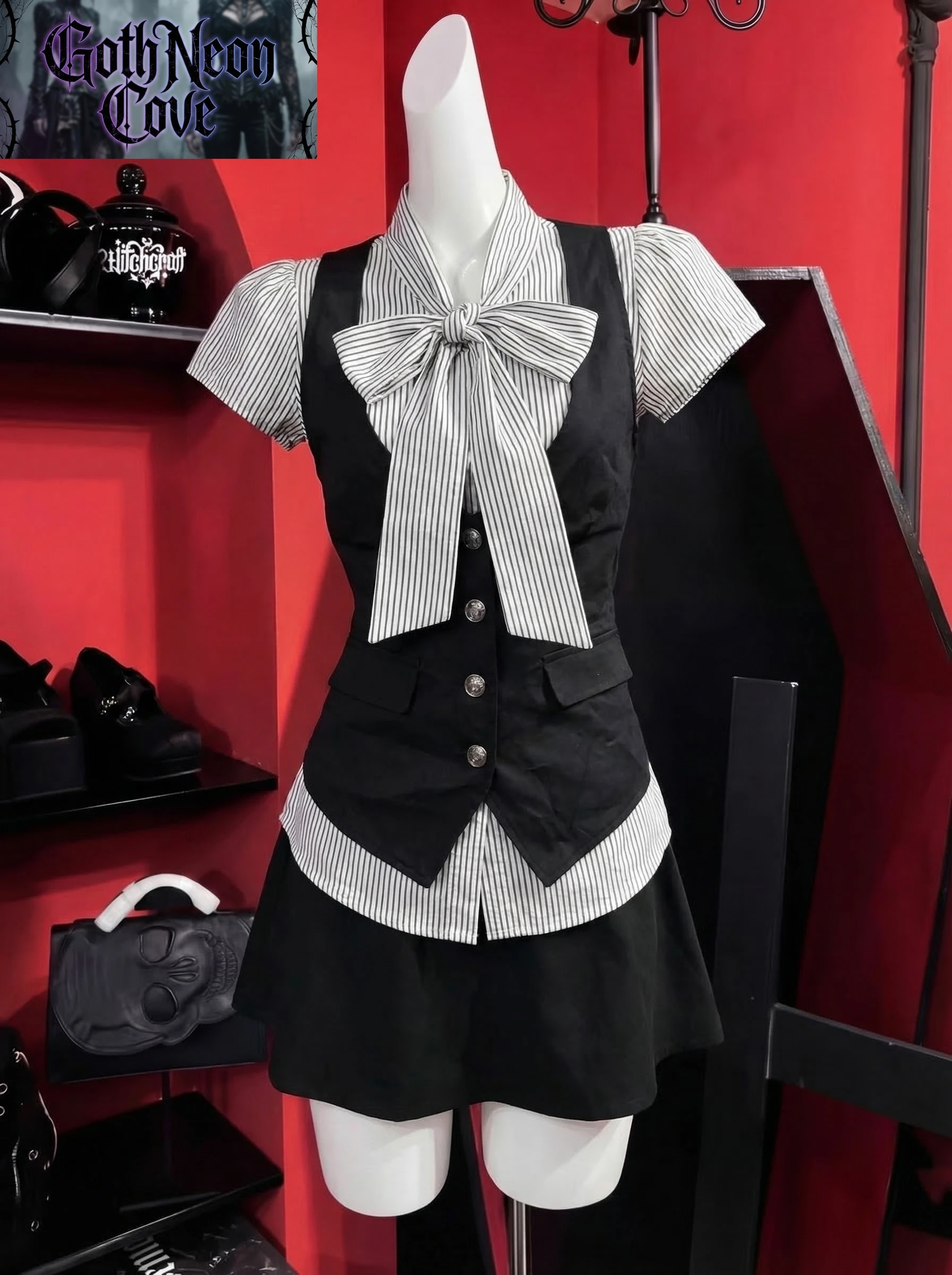 

Summer Japanese Victorian 3 Piece Set Women Short Sleeve Striped Shirt+High Waist Skort+Single Breasted Vest Harajuku Y2K Set