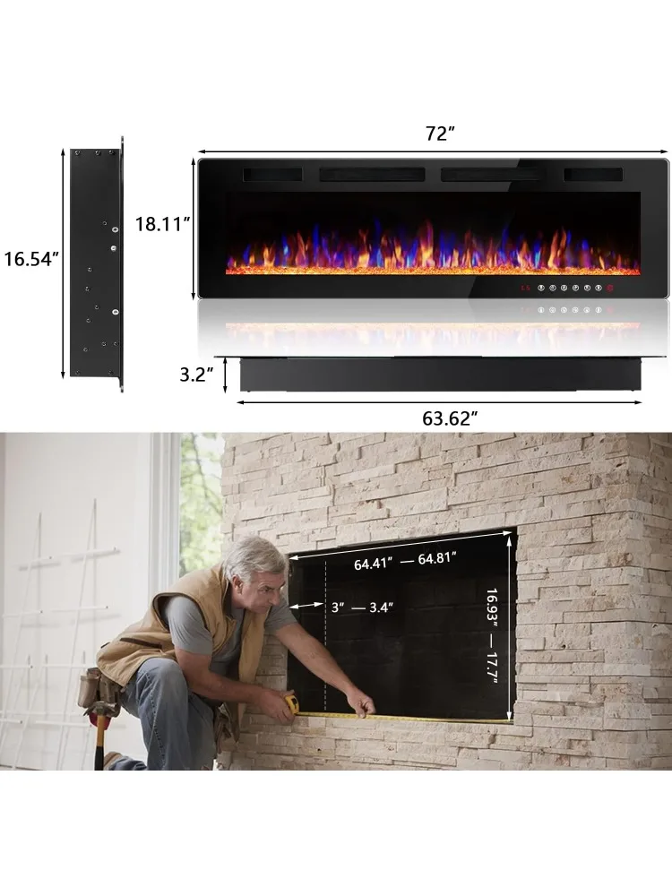 72 inch Electric Fireplace, Fireplaces with Multicolor Flame 750/1500W Touch Screen & Remote Control, Wall Mounted Fireplaces