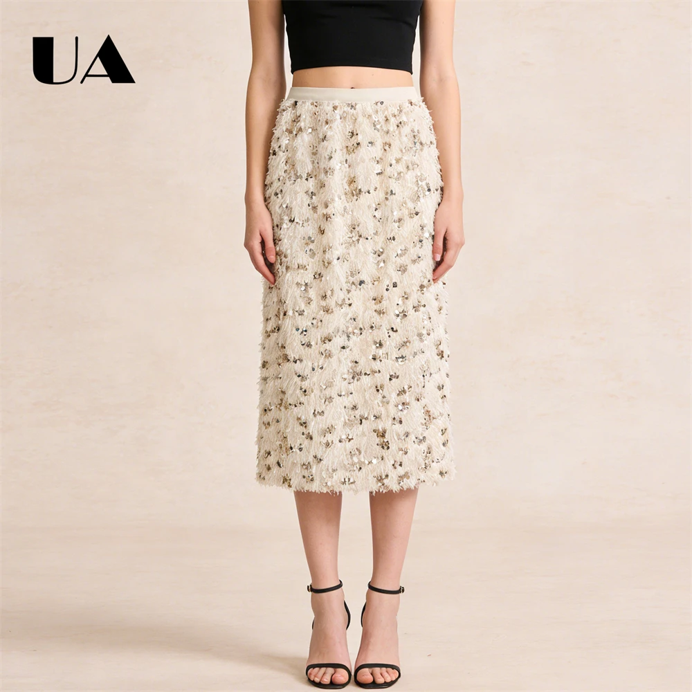 ULBYANRY Sequined Split Skirt for Women Autumn & Winter, Plush Tassel Slimming Long Skirts 2026 New Luxury Dress