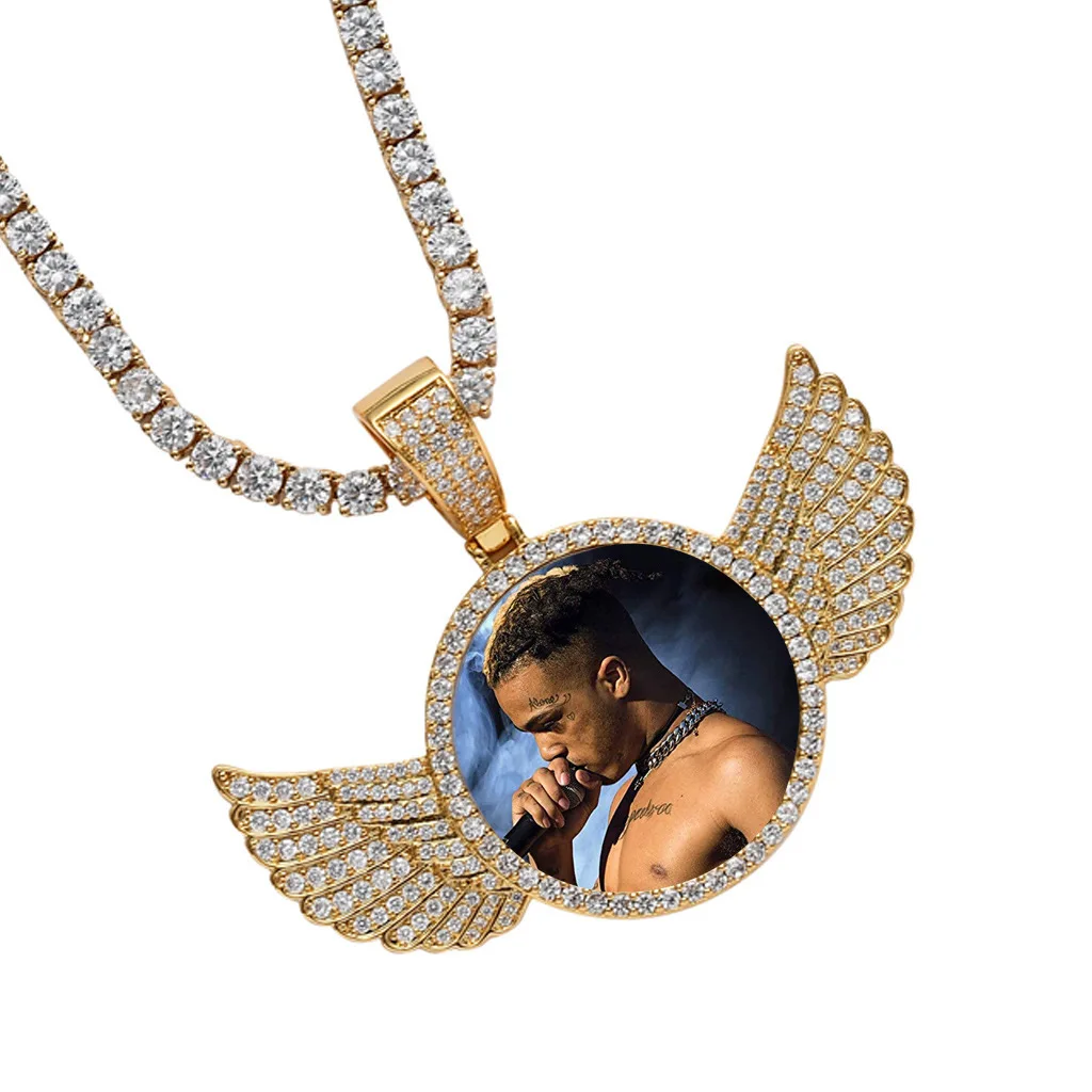 Round photo necklace, wing frame, copper product, full diamond couple pendant, hip-hop style