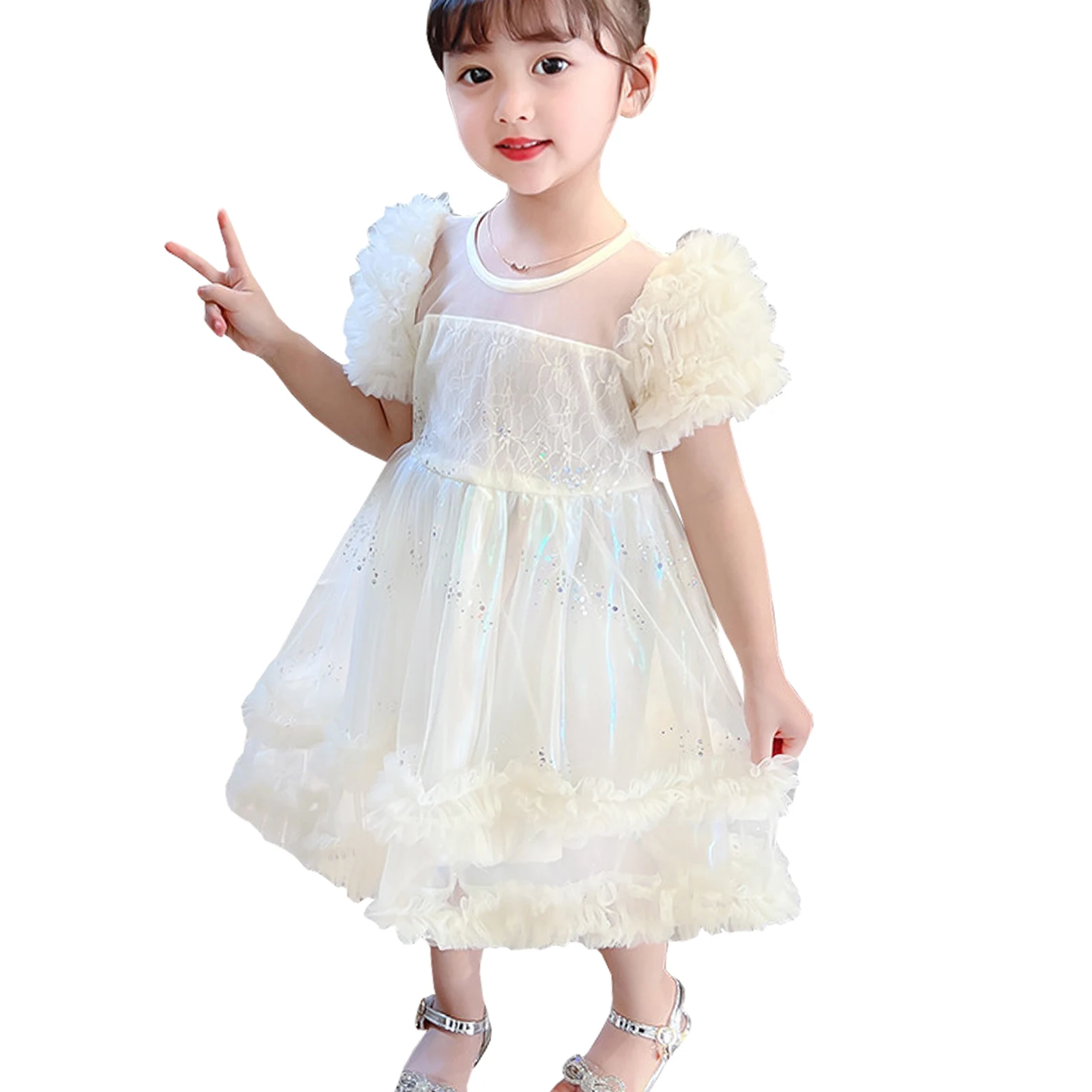 

Kids Princess Dress for Party Wedding Birthday Short Puff Sleeve Cake Skirt Sequined Mesh Gauze Girls Tutu Dress Ball Gown