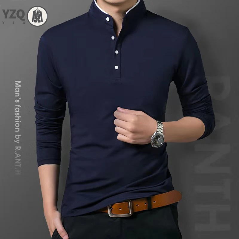 Herren Business Casual Polo Langarm T-Shirt Sommer Bequeme und atmungsaktive solide Baumwolle Ganzjahres-VersatileTop