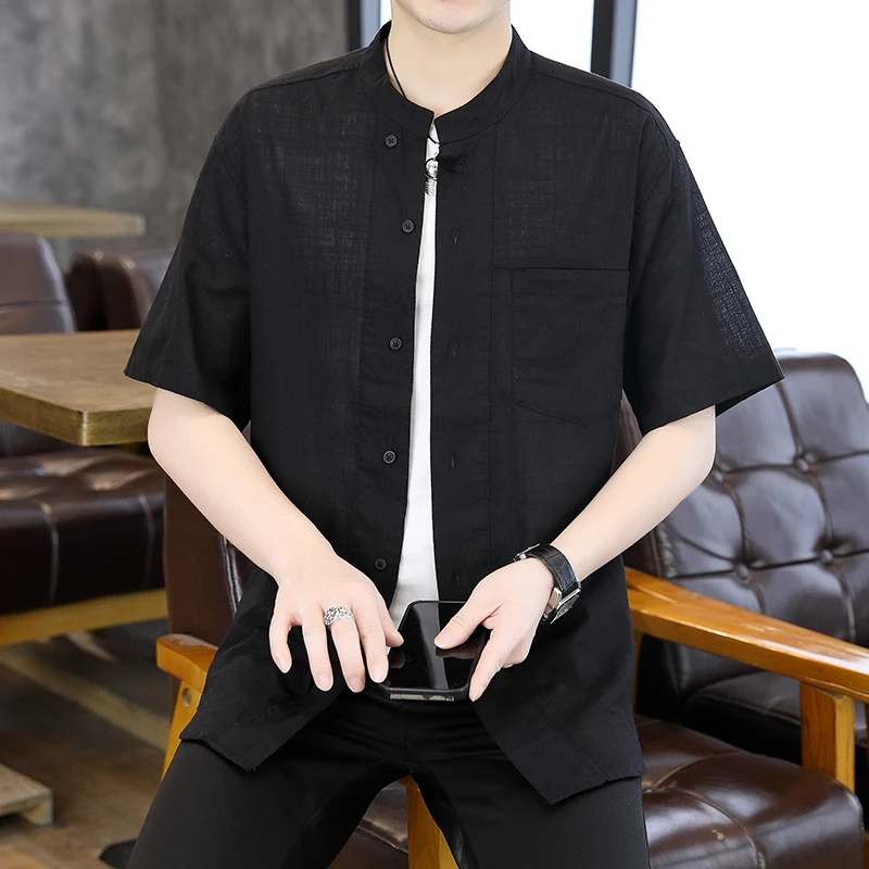 

Мужская футболка-кардиган из чистого хлопка с воротником-стойкой, повседневный топ, новый китайский стиль, с коротким рукавом