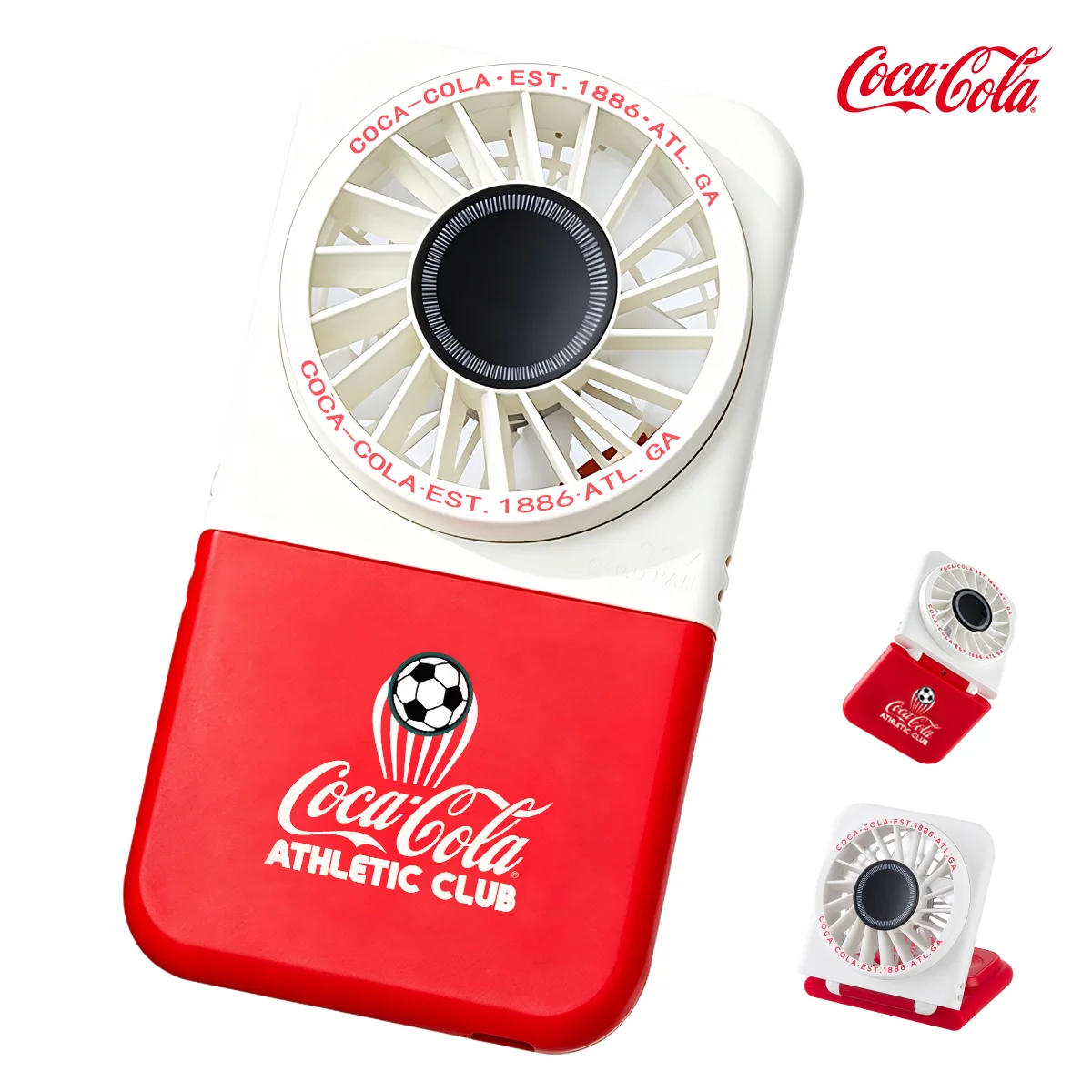 Coca-Cola opvouwbare handventilator, oplaadbare mini-ventilator met 5 snelheden, digitaal display en koord, ideaal voor zomerse reizen en buitengebruik.
