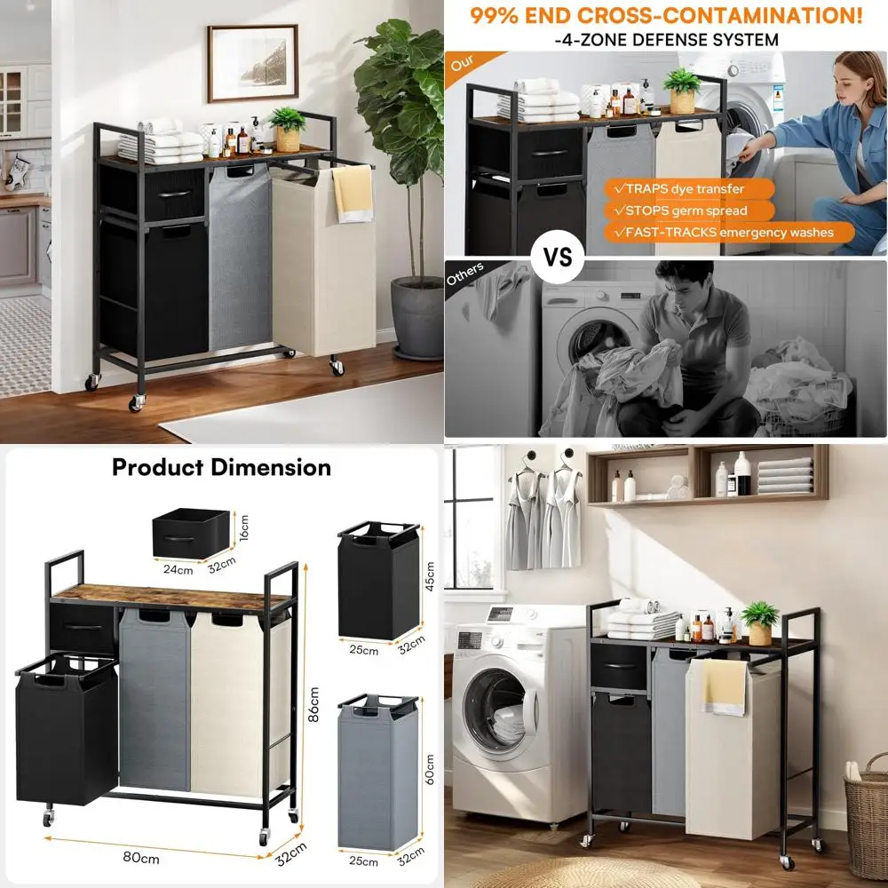 

4-зонная сверхпрочная корзина для белья большой емкости с колесами