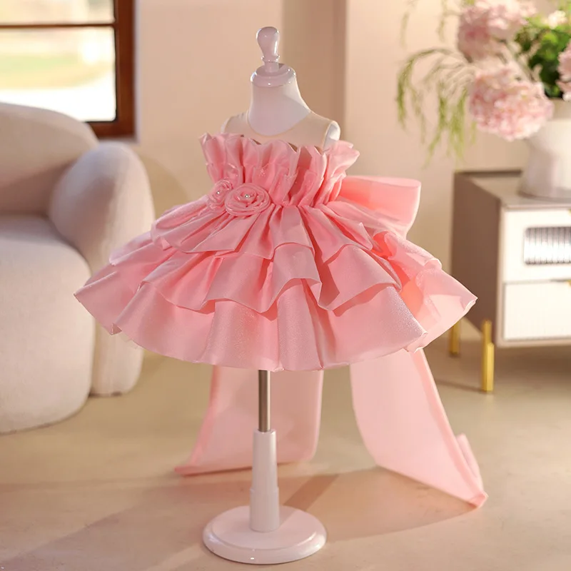 Flower Girls Wedding Pink Princess Ball Gown Children Cute Birthday Party Performance Dress y1571