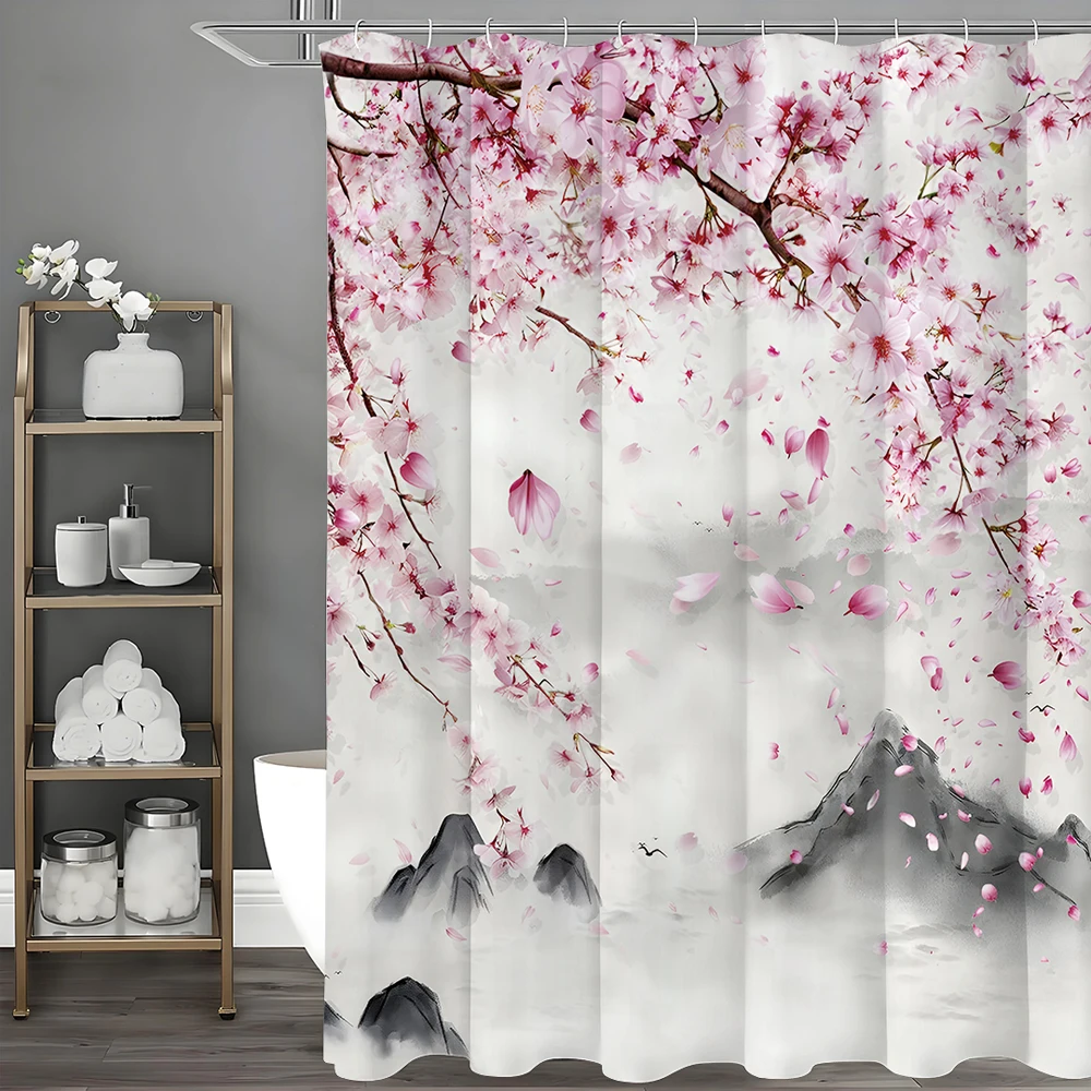 

Chinese Ink Painting Peach Blossom Landscape Shower Curtain, Bathroom Decorative Shower Curtain, Waterproof Shower Curtain with