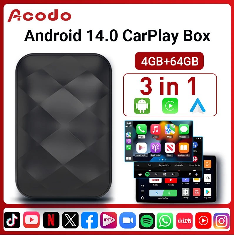 Acodo Android14 wireless CarPlay/Android Auto 3in1quad core 4+64GB smart box built-in Youtube/Xiaohongshu and other applications