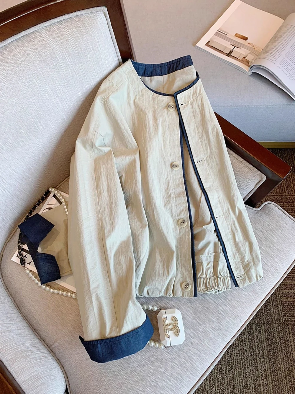 

American Retro Color Blo round Ne Casual Jaet Loose Fit Men's Outerwear Autumn Faion Lazy Sle Slimming Top Trendy