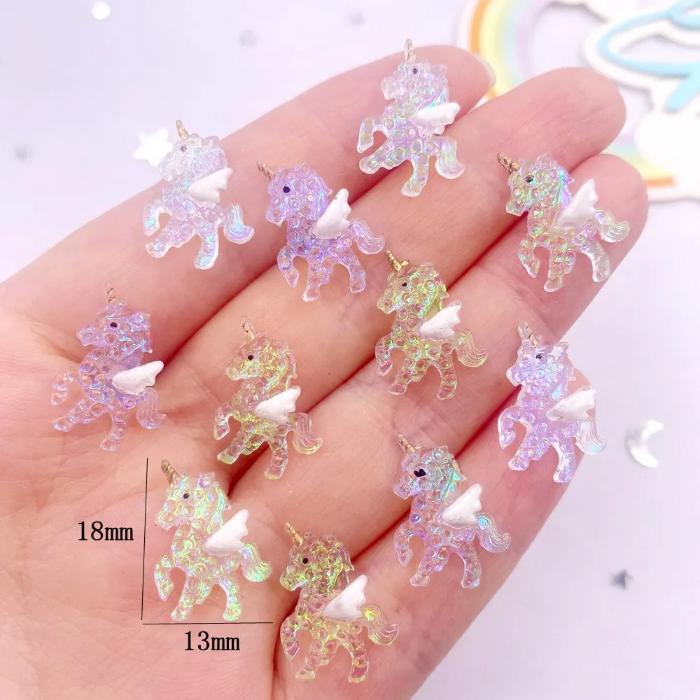 10pcs Resin Glitter Kawaii Mini Colorful Pegasus Unicorn Flatback Rhinestone Nail Art Figurine Applique DIY Scrapbook Decor OL76