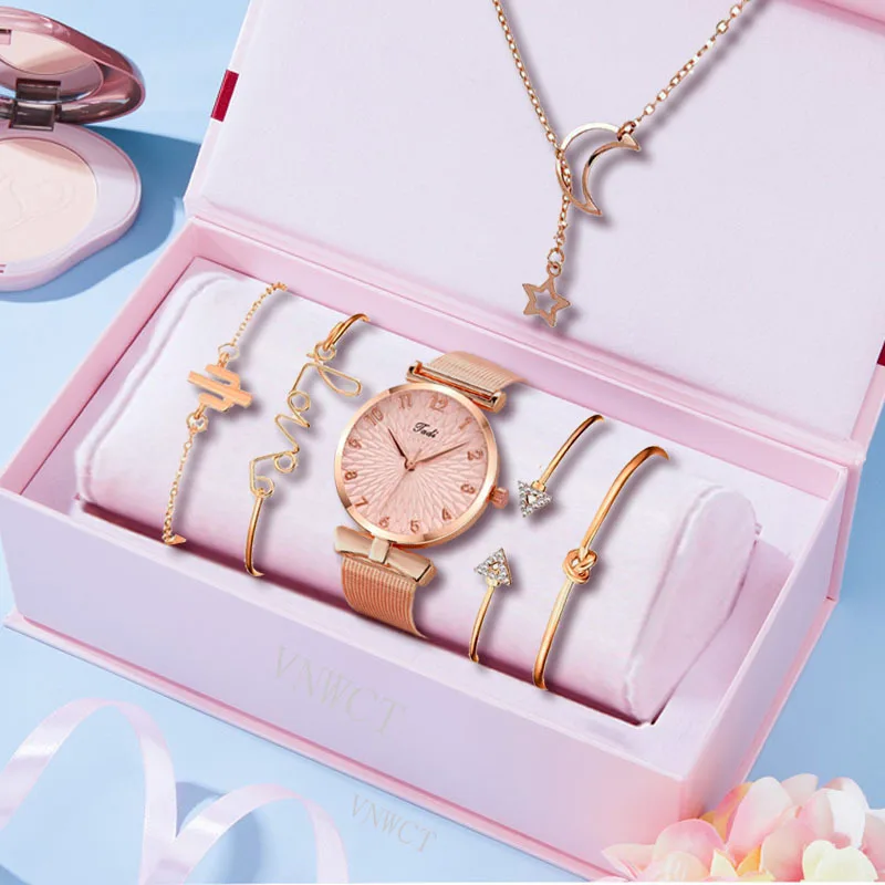 

6pcs Quartz Watch With Bracelet Necklace For Women Casual Fashion Round Simple Silver Watch Dainty Wheat Bracelets Set