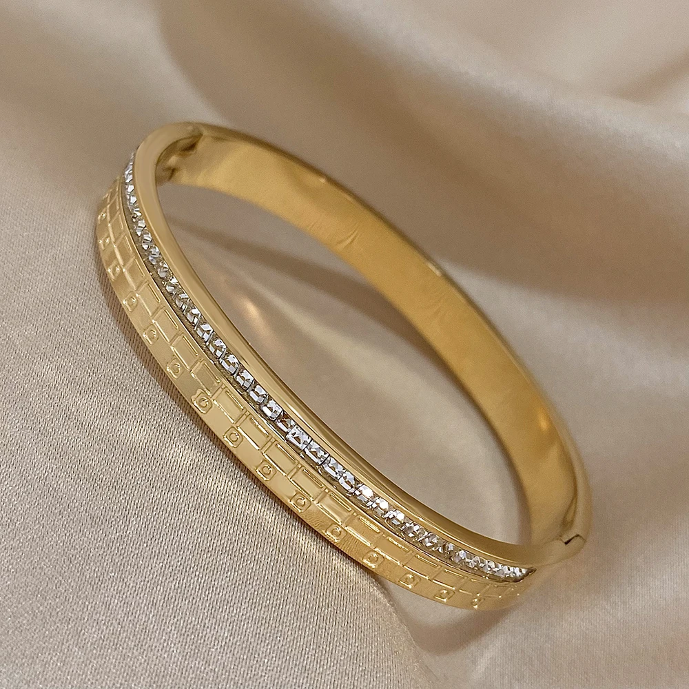 Freetry Trendy Stainless Steel Square Cubic Zirconia Bangles Luxury Geometric Bracelets for Women Charm Waterproof Jewelry
