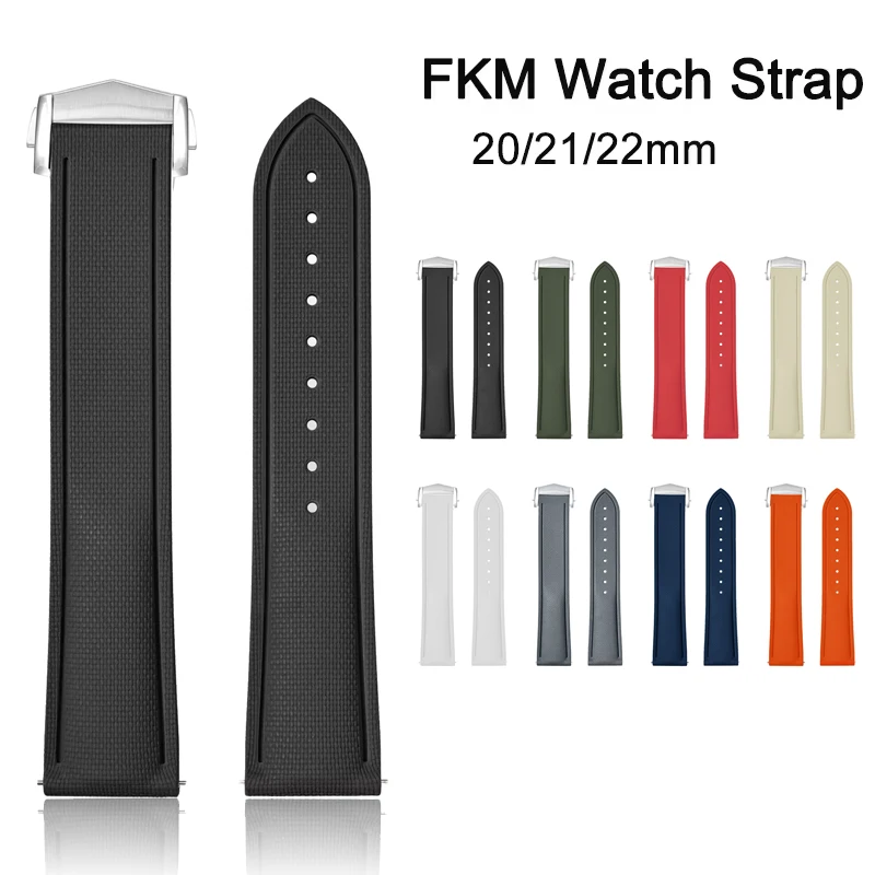 

Ремешок для часов из высококачественной мягкой резины FKM, складная застежка, 20 мм, 21 мм, 22 мм, идеальная посадка, плоский конец, универсальный, быстросъемный