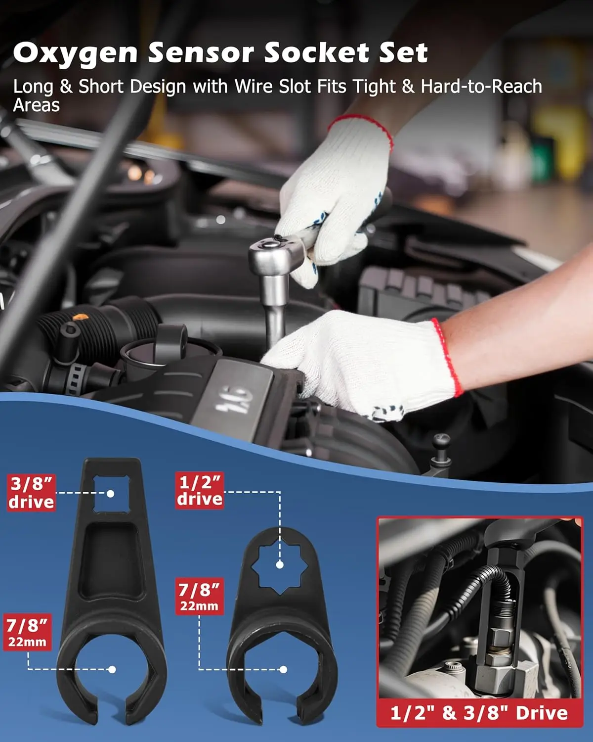Universal Oxygen Sensor Socket Set O2 Lambda Sensor Removal Tool Kit Automotive Wrench Remover Installer Multi Size Box Tool view 4
