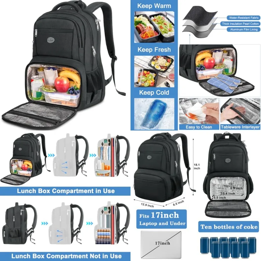 

Lunch Backpack for Men Work, Sturdy Laptop Backpack with Lunch Compartment, Water Resistant Work Bag with Padded Straps, Anti T