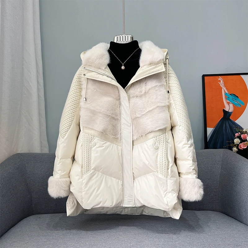 2023 Fashion Autumn Winter Real Mink Fur Collar Coat Women Natural Goose Feather Jacket Luxury Down Fur Hooded Female Coat