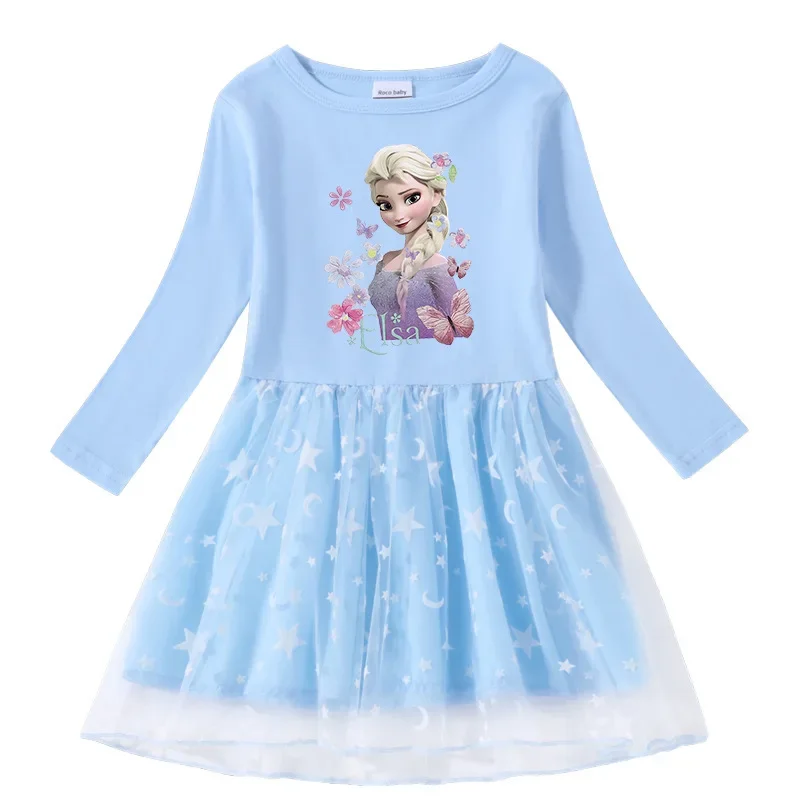 

MINISO Frozen 2023 Spring and Autumn New Girls Dress Cotton Printed Cartoon Stars and Moon Mesh Long Sleeve Princess Dress