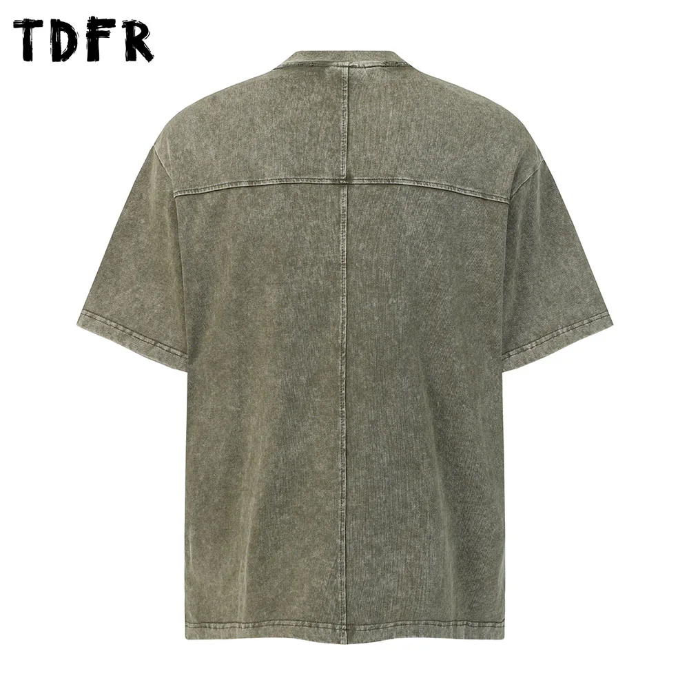 Spliced Ripped Short Sleeve T-shirt Mens Summer Washed Distressed Cargo Loose Crew Neck Half-Sleeve Cotton Tee Man