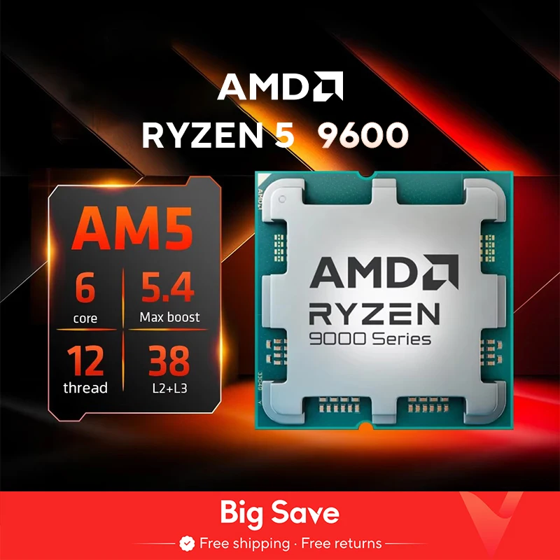 AMD Ryzen 5 9600 Brand New CPU 5.2GHz 6-Core 12-Thread 38MB Cache 4NM TDP 65W Socket AM5 Gameing Processor Without Package