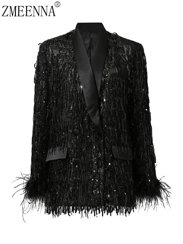 

ZMEENNA женский черный блейзер с блестками, куртка с кисточками, атласная куртка с шалью и воротником, отделка перьями, вечерние, клубные, ночные, верхняя одежда ZM4501