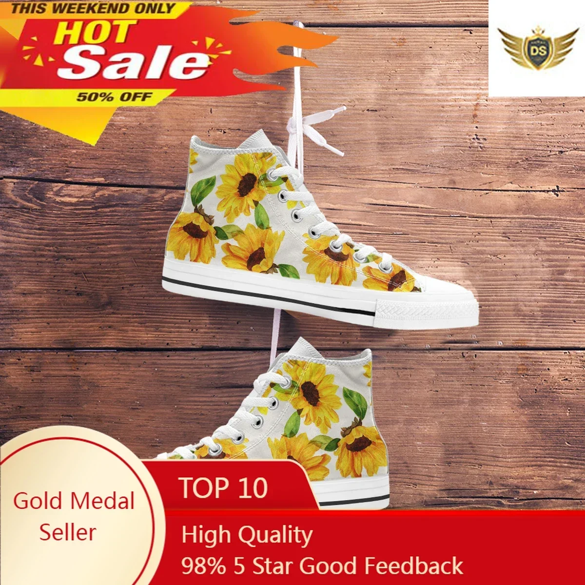 

Ladies High Top Canvas Shoes Breathable Walking Vulcanized Sneakers Print Beautiful Sunflower Student Shoes