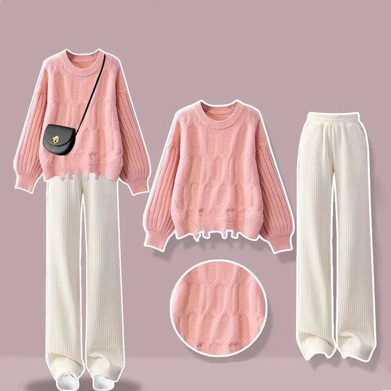 2-Piece Knitted Sweater Set for Women, Broken Hole, Apricot Wide Leg Pants, Korean Clothes, Winter and Autumn Set, 2023