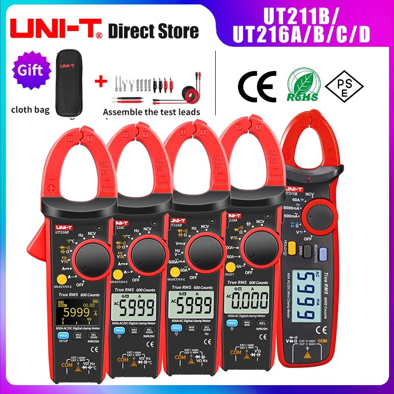 UNI-T UT216 Series True RMS Digital Clamp Meter UT216A UT216B UT216C UT216D 600A MAX/MIN/Relative Modes NCV Flashlight VFC