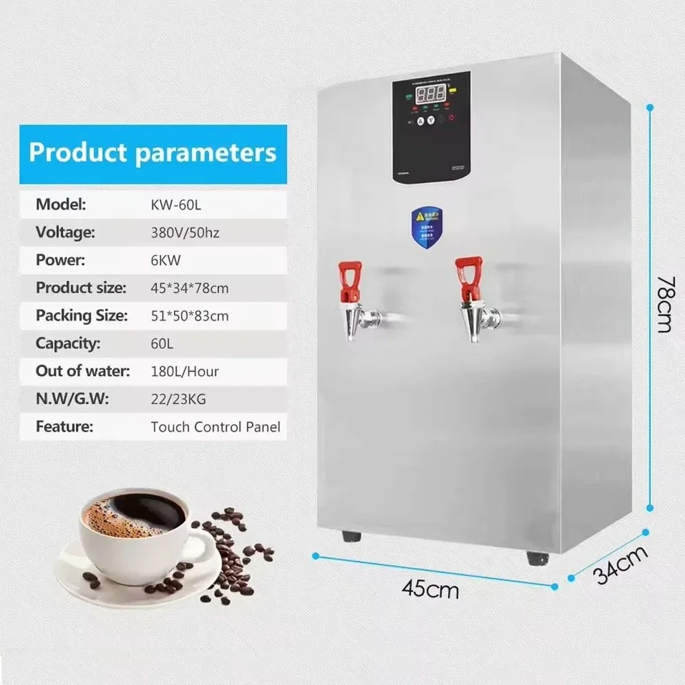 Commercial 60L Water Dispenser Hot Water Machine 180L/H Stainless Steel Water Boiler 6KW 380V Double Faucet 2