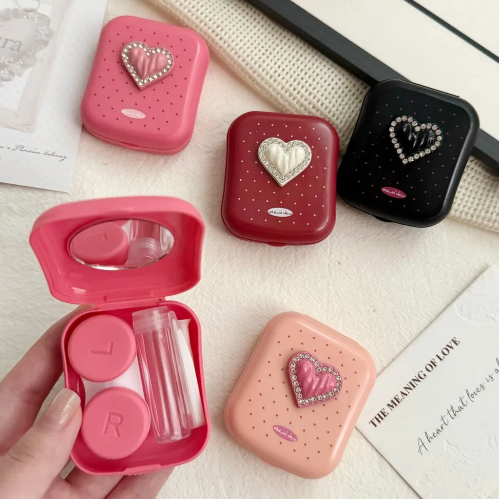 Polka Dot DIY Contact Lens Case with Mirror Cute Diamond Heart Decor Colored Eye Contact Lenses Storage Care Box for Daily Use