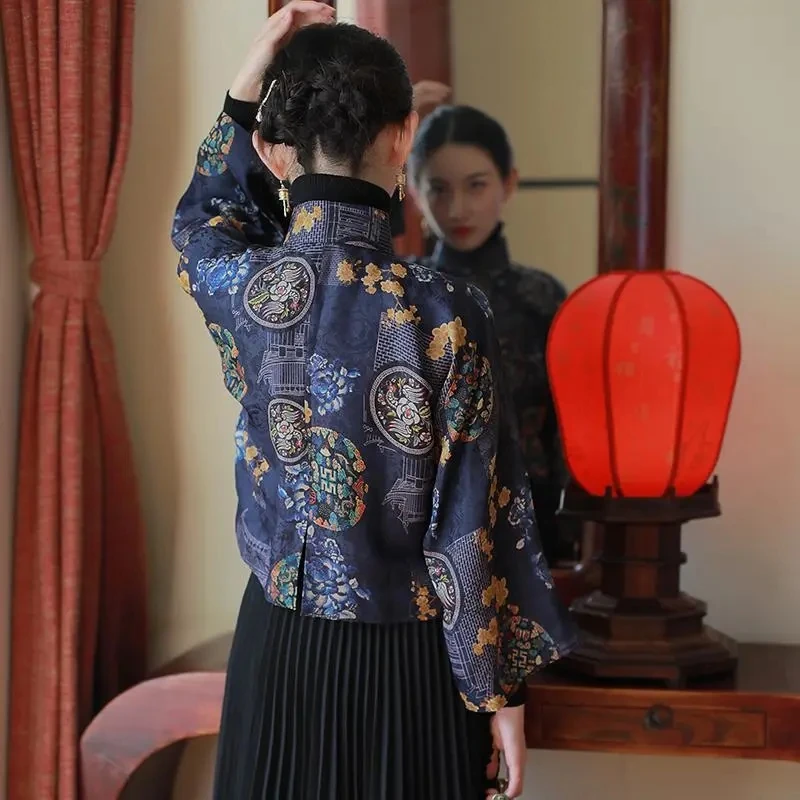 Women's Modern Hanfu Short Top Chinese Antique Style Shirt With Loose Sleeves Elegant Top With Traditional Chinese Totem Print