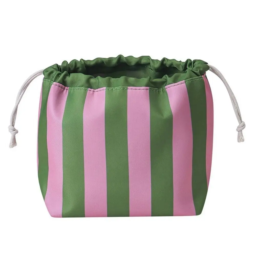 Striped Drawstring Cosmetic Bag Large Capacity Portable Makeup Bag Organize Drawstring Closure Waterproof