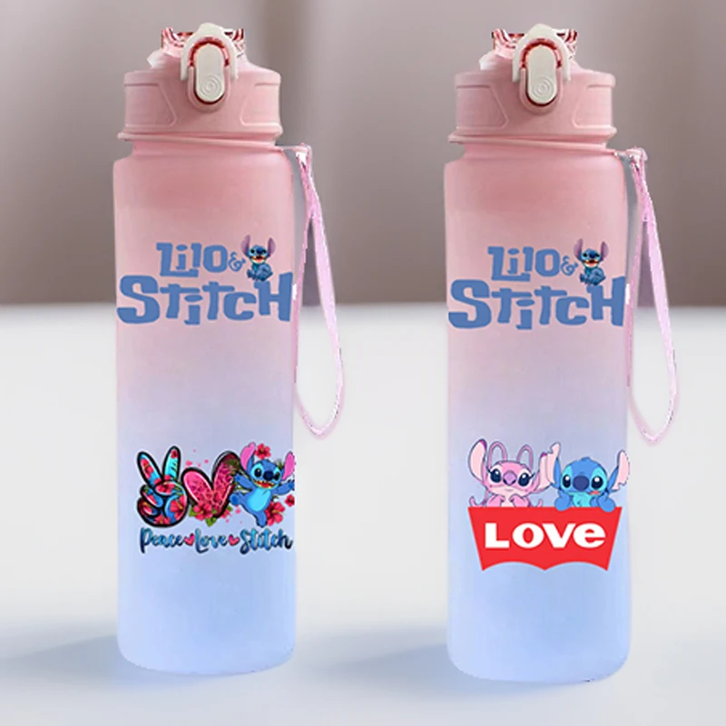 

Cute Stitch Gradient Color Water Cup Simple Rope Lifting Space Cup stitch Disney Student Scale Straw Cup Sports Water Bottle