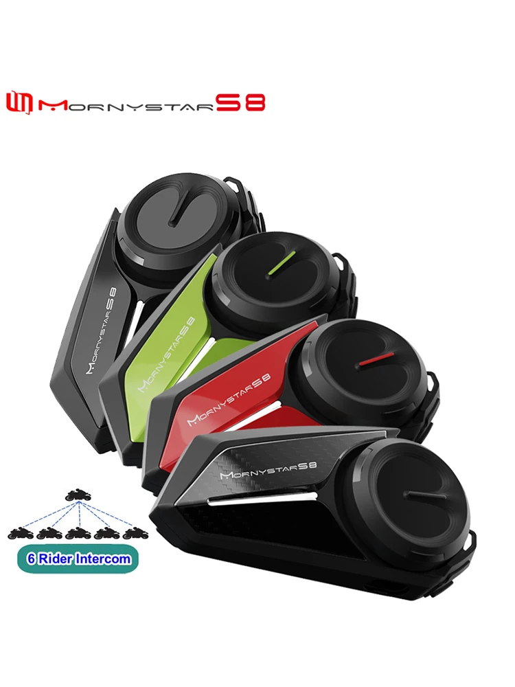 Mornystar S8 Motorrad-Gegensprechanlage, Helm-Headsets, 1200 m, 6 Fahrer, Bluetooth-Gegensprechanlage, Kommunikation, GPS, Gegensprechanlage, wasserdicht, FM