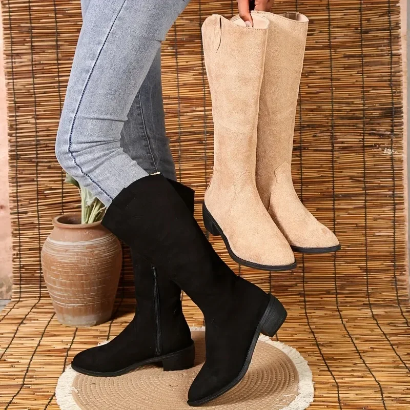 Pointed Toe Women Suede Motorcycle Boots Autumn 2024 Knee High Fashion Mid Heels Chunky Zipper Chelsea Boots Zapatos Mujer Boats