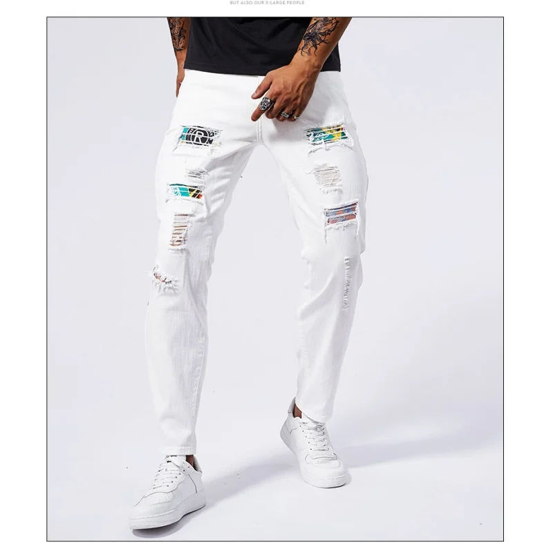 Broken copper patch white jeans for men's tight and elastic summer 2024 new men's fashion street slim fit small leg long pants