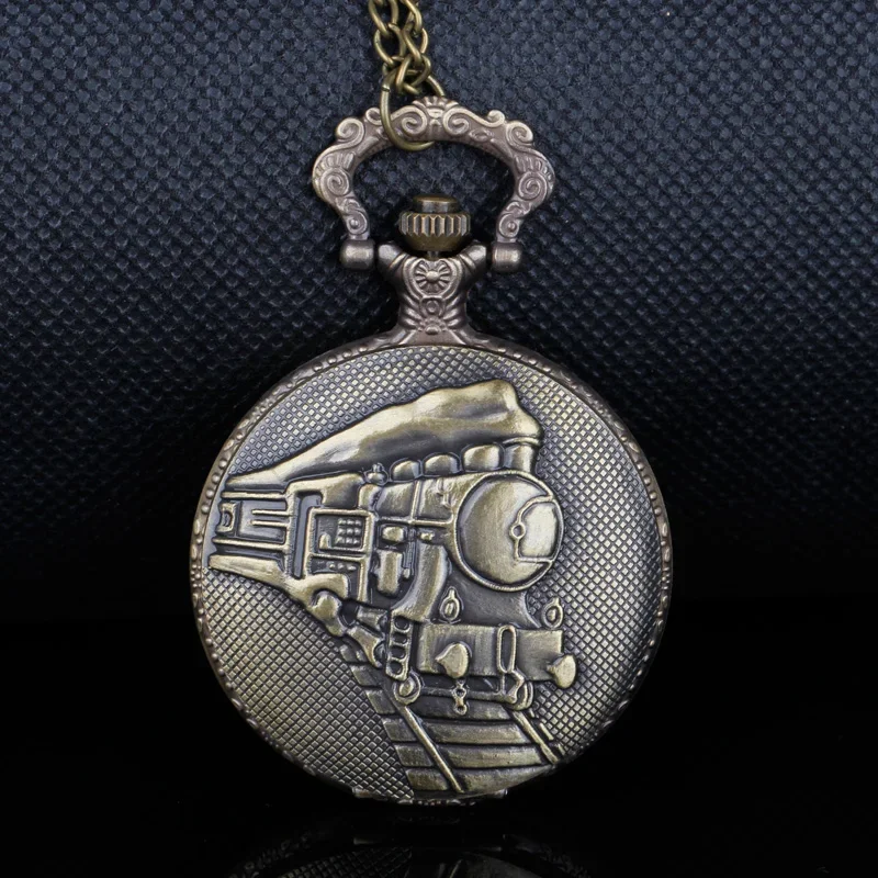 Retro Train Pattern Carved Quartz Pocket Watch | High-Quality Stainless Steel Chain Unisex Student Pendant