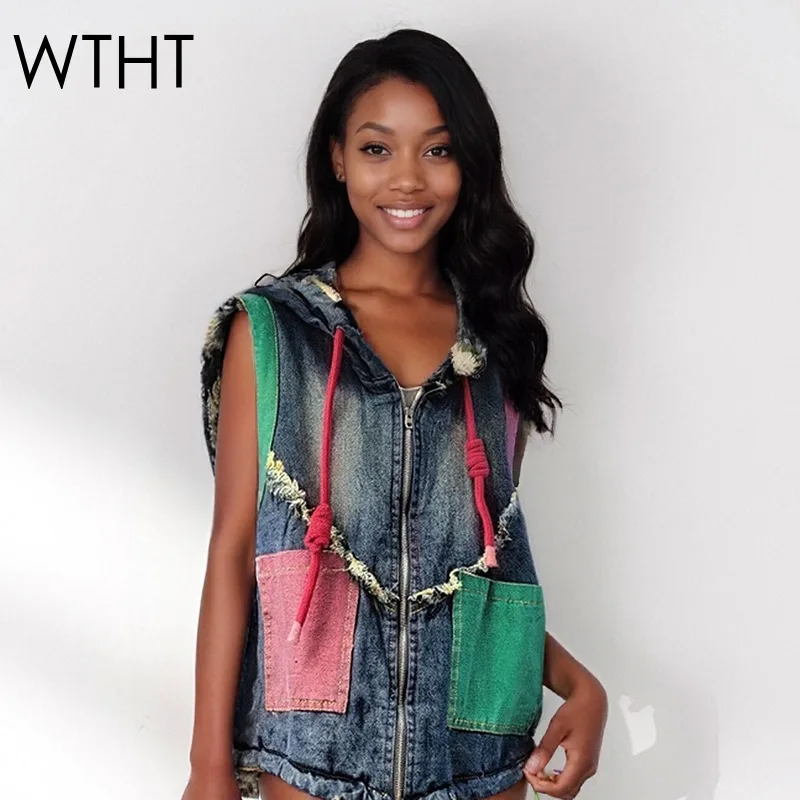 

WTHT модный женский старый лоскутный стеганый джинсовый жилет контрастного цвета 2025 зимняя мода с капюшоном на молнии женский жилет 1LS2639