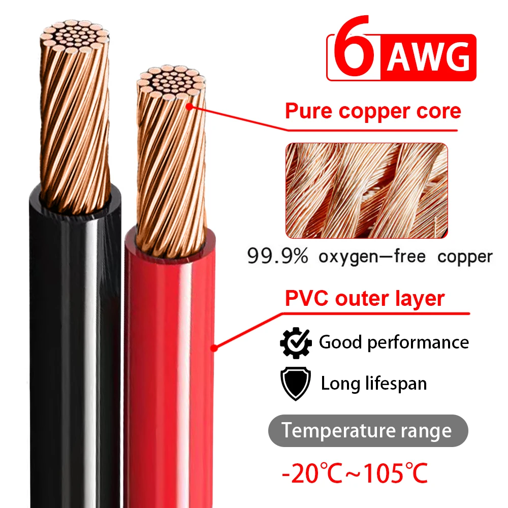 6AWG Connection Cable PVC Pure Copper Wire 2M Red Black Thickened Copper Terminal Connector and Heat Shrink Tubing Set