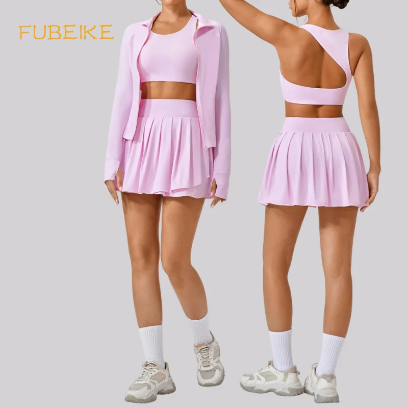 FUBEIKE Summer Yoga Wear Suit Women's Outdoor Exercise Running Outfit Suit Women's Slim Stretch Yoga Fitness Pleated Skirt Set