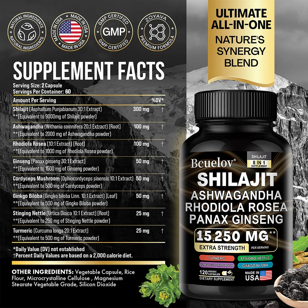 Natural Shilajit Extract Capsules Pure Organic Shilajit Extract Powder, Energy and Immune Support