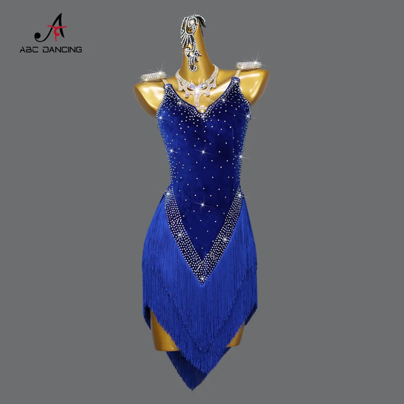 Blue Velvet Latin Dance Dress Performance Women Female Clothes Tassels Sexy Short Skirts Ball Adult Prom Practice Wear Customize