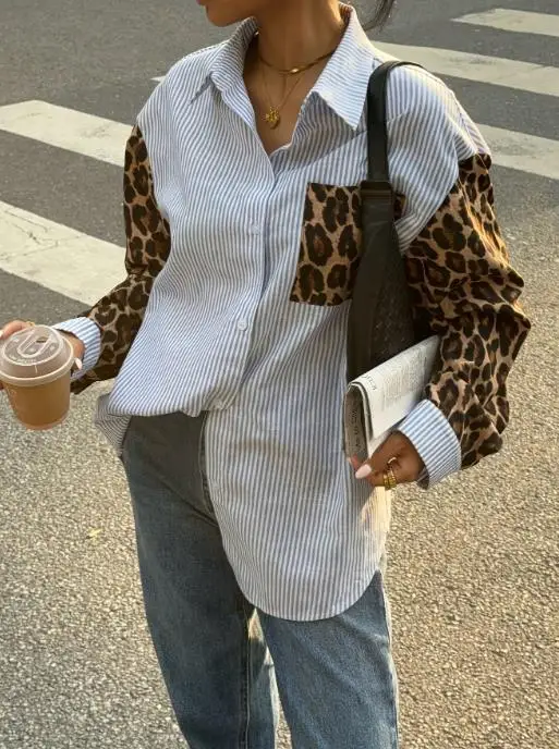 

Women's Shirt Spring and Summer New Fashion Trend Korean Style Leopard Print Patchwork Stripe Lapel Button Front Loose Shirt
