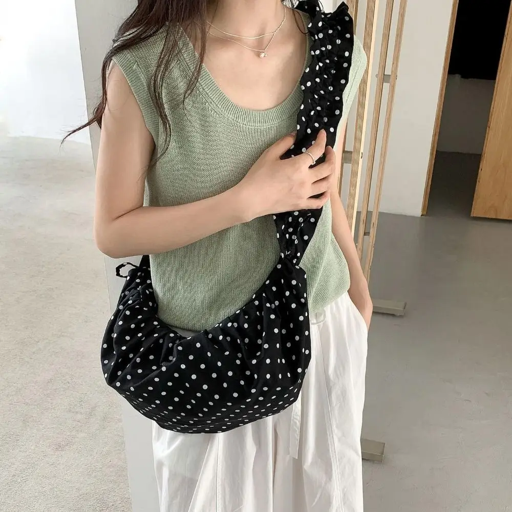 

Korean Style Drawstring Shoulder Bag Lightweight Ballet Style Polka Dot Pleated Bag Dumpling Bag Large Capacity