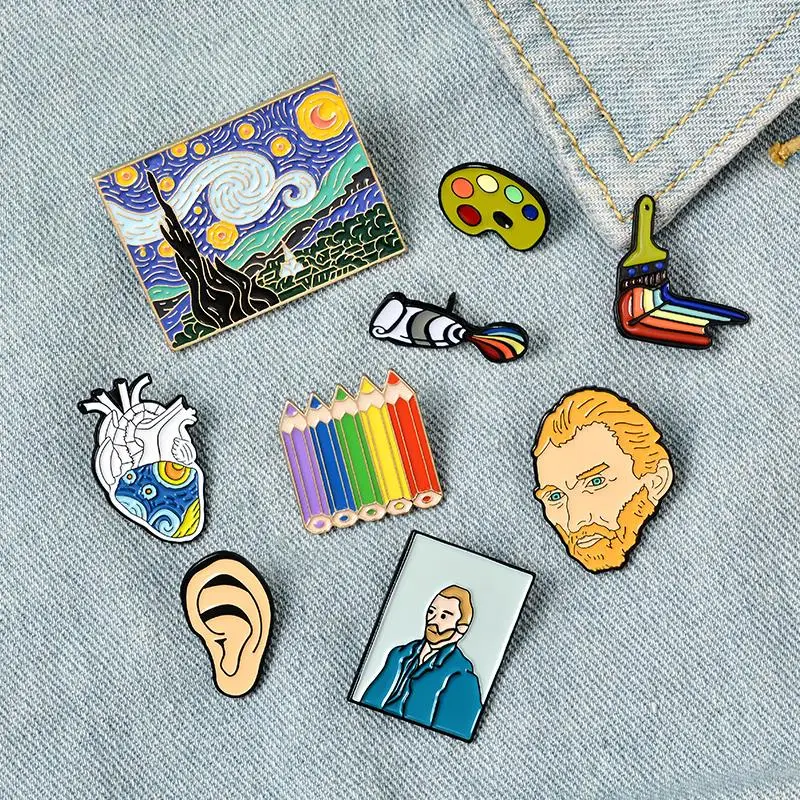 Gogh Pin Enamel seni kustom kuas lukisan minyak bros kemeja lencana Lapel Pin gesper perhiasan hadiah untuk teman pelukis Genius Van