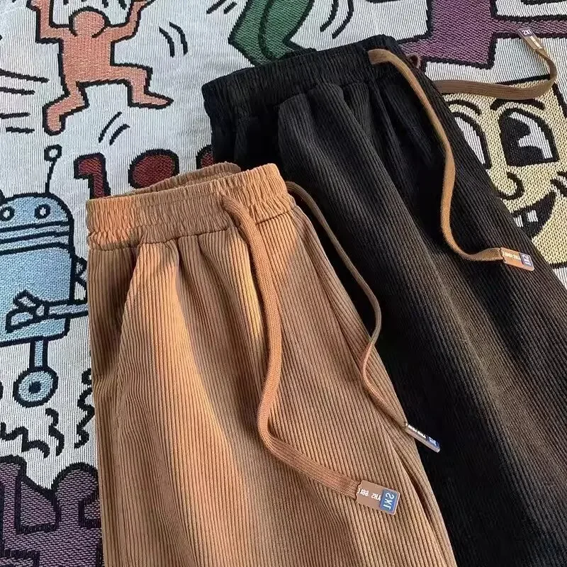 Retro ข้อเท้า Sweatpants ผู้ชายฤดูใบไม้ร่วงและฤดูหนาวฮ่องกงแบรนด์หลวมกํามะหยี่สีทึบกางเกง Corduroy Casual กางเกง