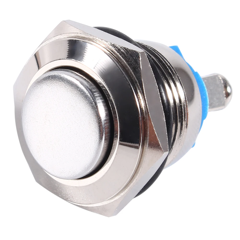 Horn Switch Engine Starter Round Button Switch 12V 16mm Car Waterproof Momentary Metal Push Button ON OFF Horn Switch Silver