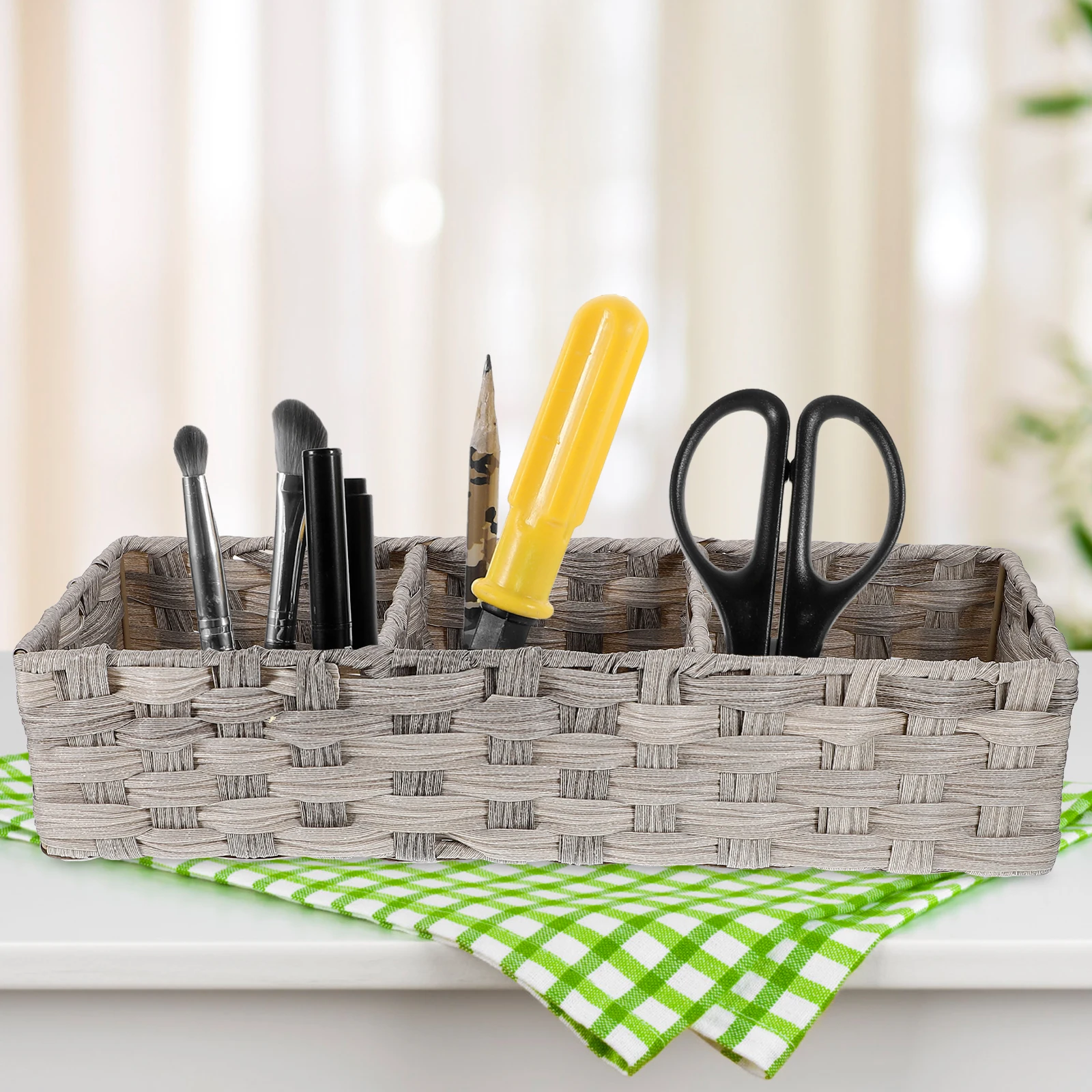 

Imitation Rattan Storage Basket Multi Grid Woven Organizer For Bathroom Kitchen Desktop Cosmetics Snacks Sundries Container