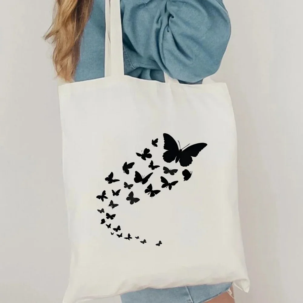 

Black Butterfly Print Tote Bag Casual Handbag Minimalist Flock of Butterflies Canvas Shoulder Bag for Women Reusable Versatile